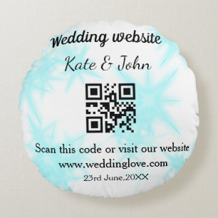 Simple minimal wedding website Q R code add name y Round Cushion