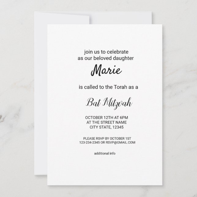 simple minimal white black classic edi bat mitzvah invitation (Front)