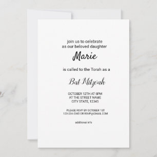 simple minimal white black classic edi bat mitzvah invitation