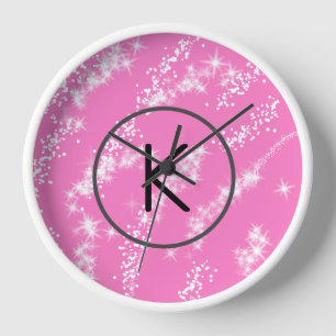 simple minimal white monogram pink glitter waterco clock