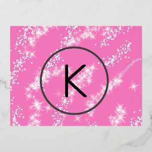 simple minimal white monogram pink glitter waterco foil holiday postcard