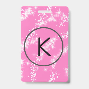simple minimal white monogram pink glitter waterco ID badge