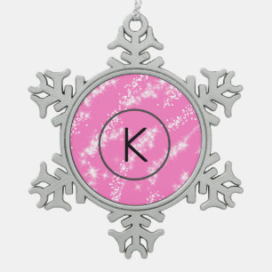 simple minimal white monogram pink glitter waterco snowflake pewter christmas ornament