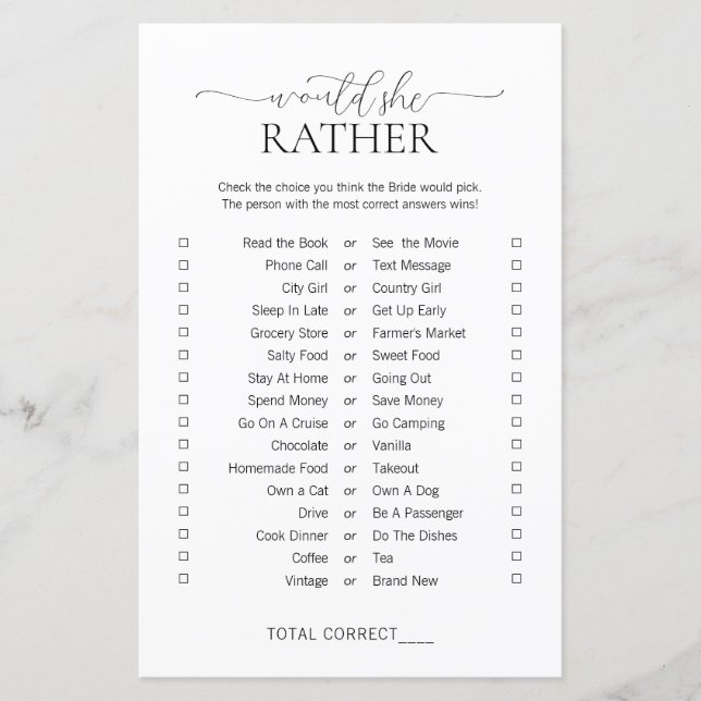 Simple Minimal Would She Rather Bridal Shower Game (Front)