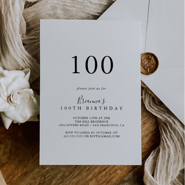 Simple Minimalist 100th Birthday Party Invitation (Creator Uploaded)