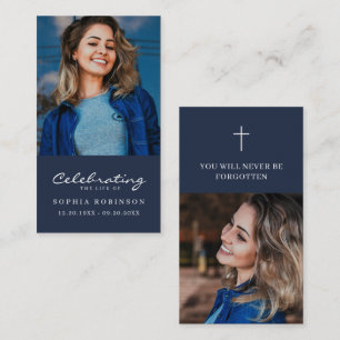 Simple Minimalist 2 Photo Funeral Blue Prayer Card