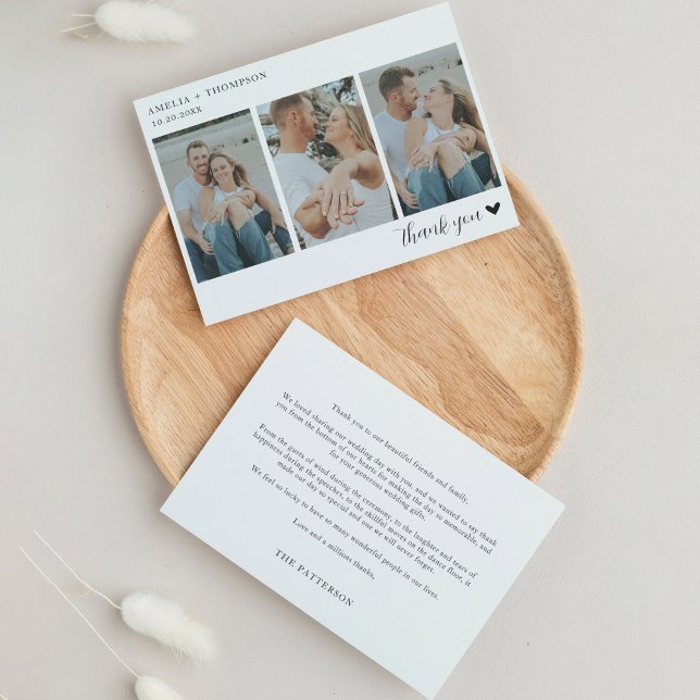 Simple Minimalist 3 Photo With Heart Wedding Thank You Card (Creator Uploaded)