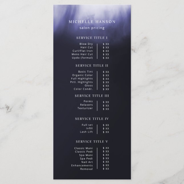 Simple Minimalist Abstract Blue Purple Price List Menu (Front)
