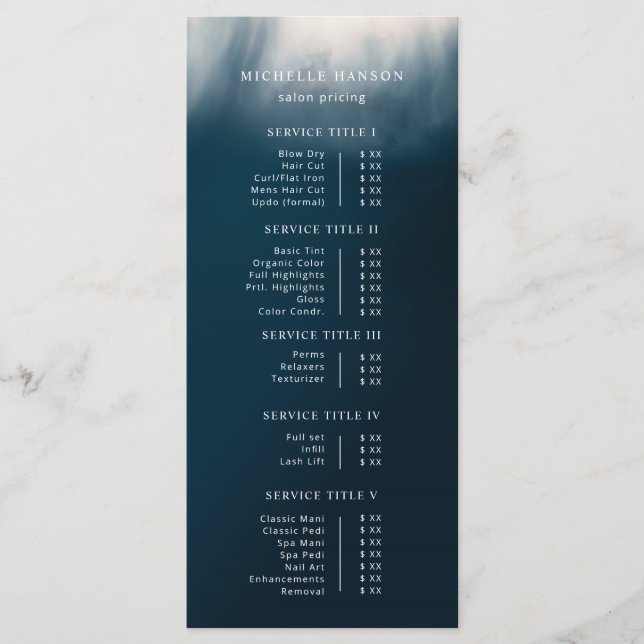 Simple Minimalist Abstract Photo Blue Price List Menu (Front)