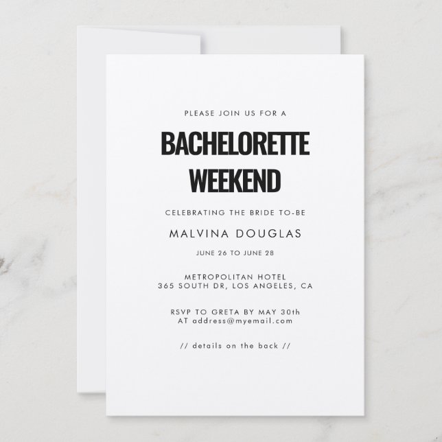 Simple minimalist Bachelorette Weekend Invitation (Front)
