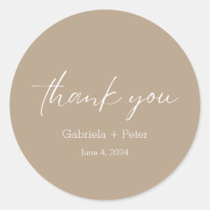 Simple Minimalist Beige Wedding Thank You Classic Round Sticker