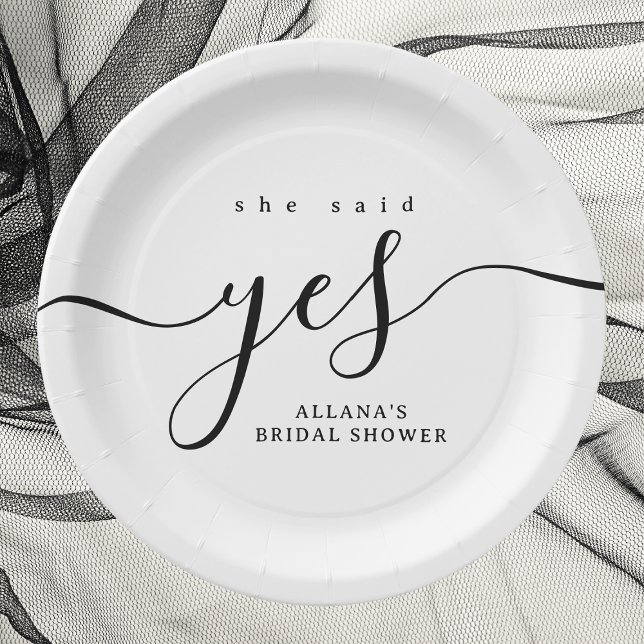 Simple Minimalist Black and White Bridal Shower Paper Plate (Minimalist black-and-white bridal shower paper plate with "She Said Yes" design.)