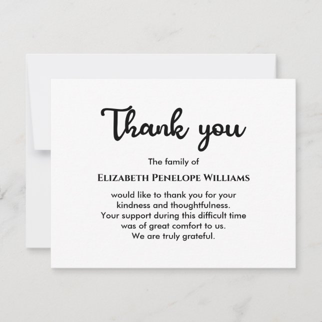 Simple Minimalist Black And White Funeral Memorial Thank You Card (Front)
