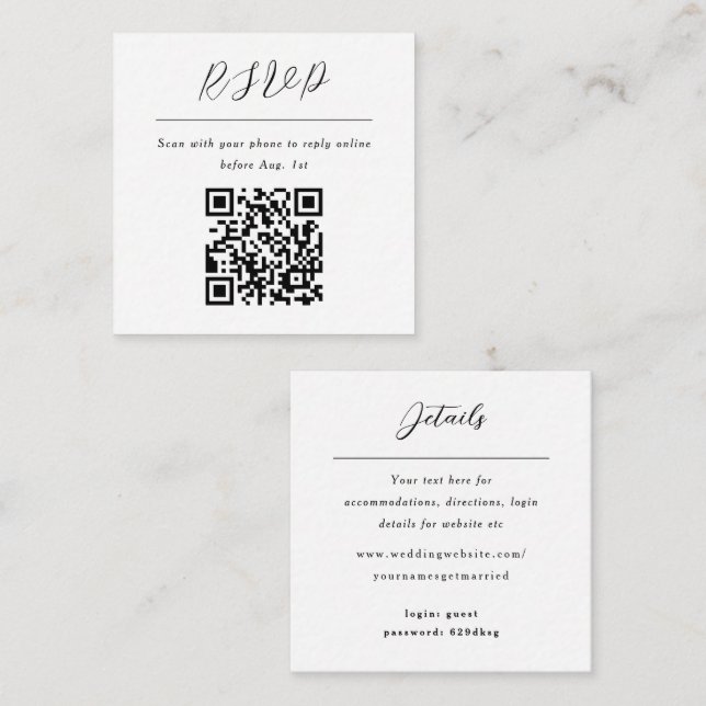 Simple minimalist black and white rsvp qr code enclosure card (Front/Back)