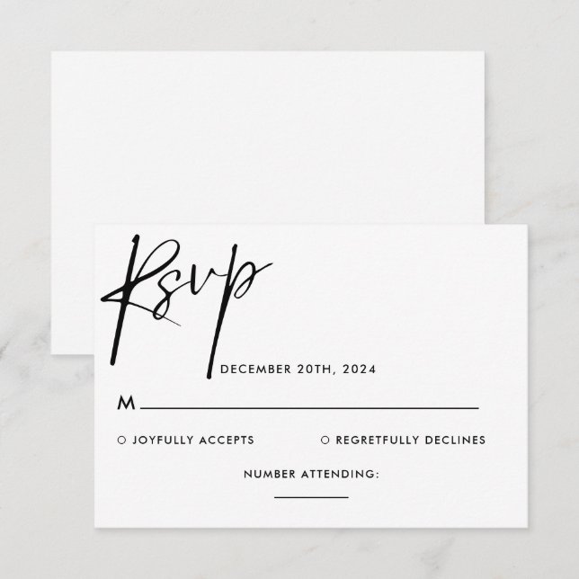 Simple Minimalist Black and white Script Wedding RSVP Card (Front/Back)