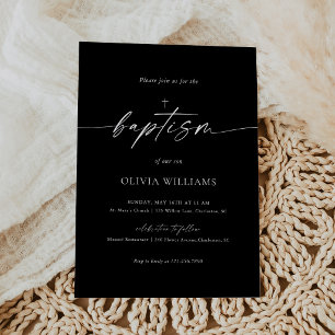 Simple Minimalist Black Cross Baptism Photo Invitation