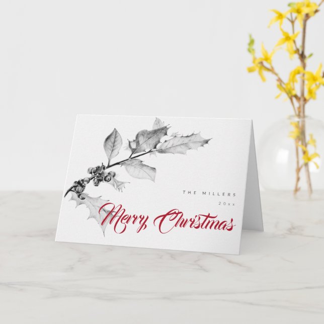 Simple Minimalist Black White Drawing Christmas Card (Yellow Flower)
