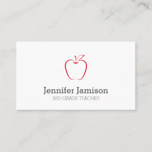 Simple Minimalist Black-White Red Apple Teacher Business Card