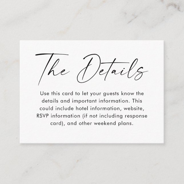 Simple Minimalist Black White Script Details  Enclosure Card (Front)
