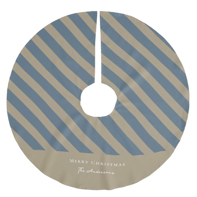 Simple Minimalist Blue and Beige Merry Christmas Brushed Polyester Tree Skirt (Front)