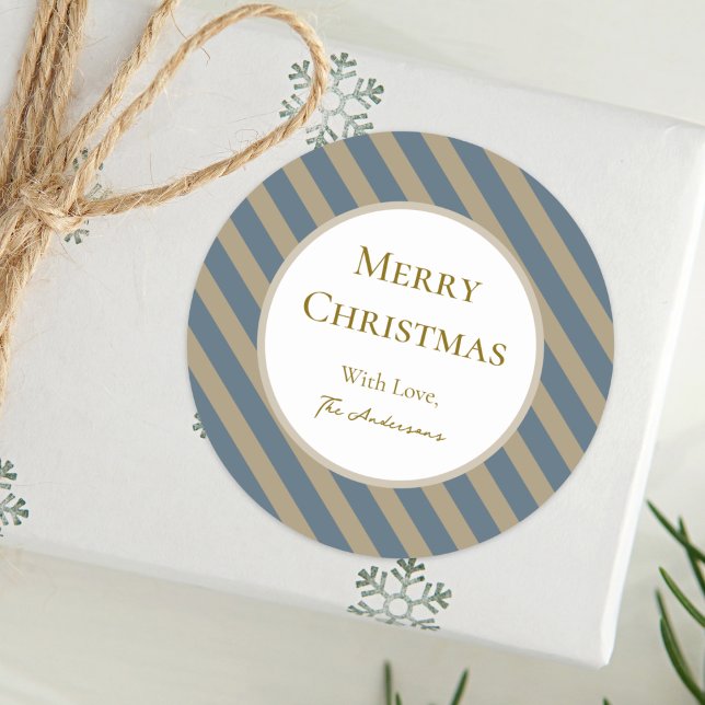 Simple Minimalist Blue and Beige Merry Christmas Classic Round Sticker (Creator Uploaded)