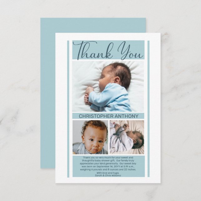 Simple Minimalist Blue Baby Shower Boy Thank You (Front/Back)
