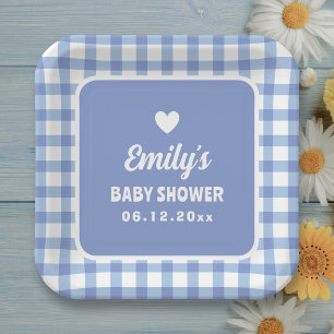Simple Minimalist Blue Gingham Boy Baby Shower Paper Plate