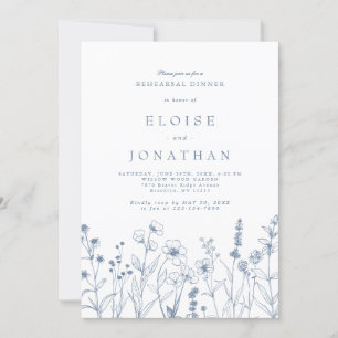 Simple Minimalist Blue Wildflower Rehearsal Dinner Invitation