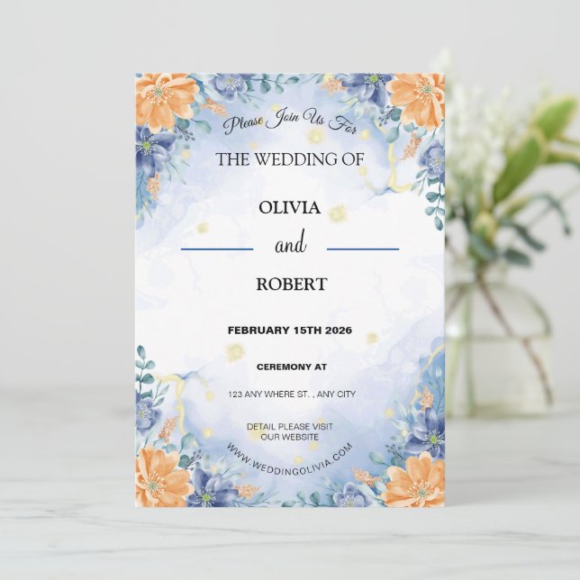 Simple Minimalist Blue Yellow Floral Wedding Invitation (Standing Front)