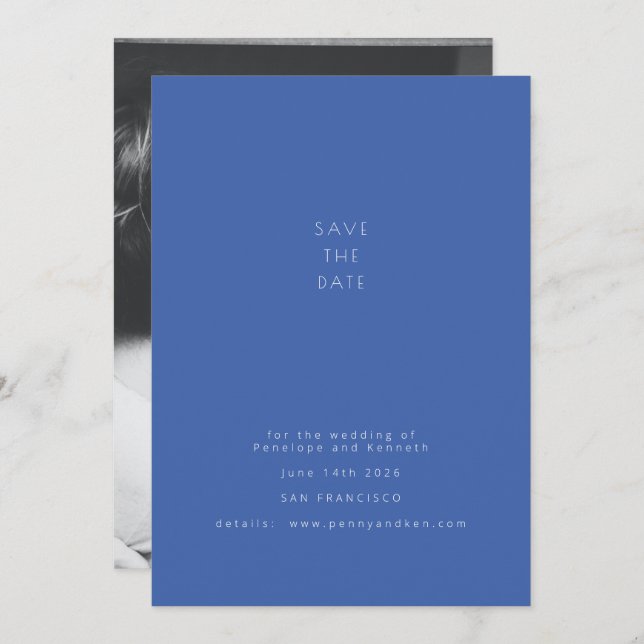 Simple Minimalist Bold Blue Modern Couple Photo Save The Date (Front/Back)