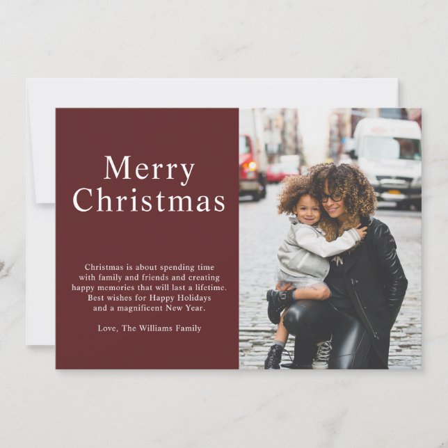 Simple Minimalist Burgundy Photo Merry Christmas Holiday Card (Front)