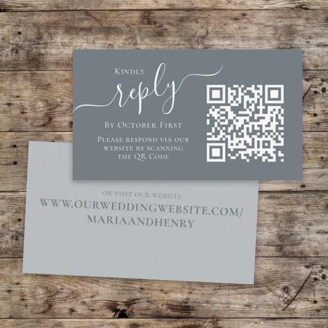 Simple Minimalist Calligraphy QR Code RSVP Blue Enclosure Card (Creator Uploaded)