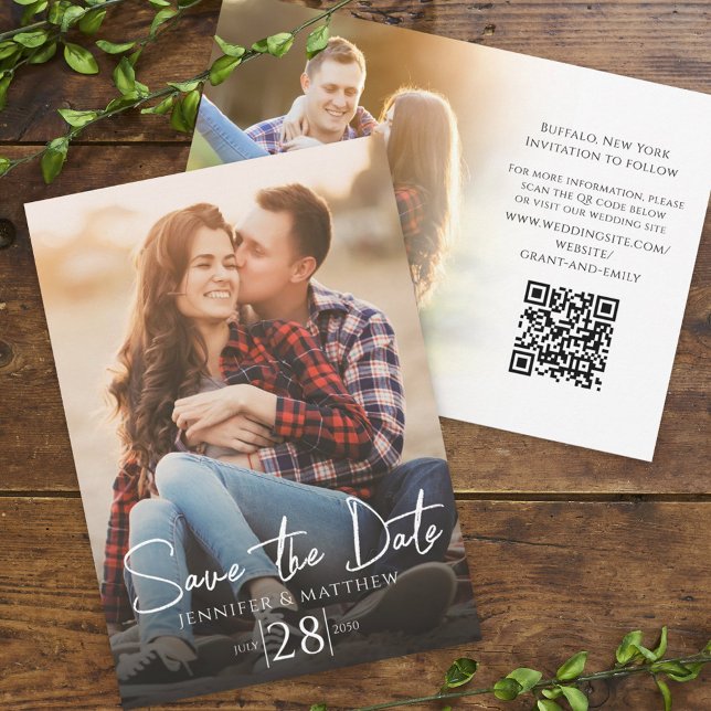 Simple Minimalist Calligraphy Two Photo QR Code Save The Date (Creator Uploaded)