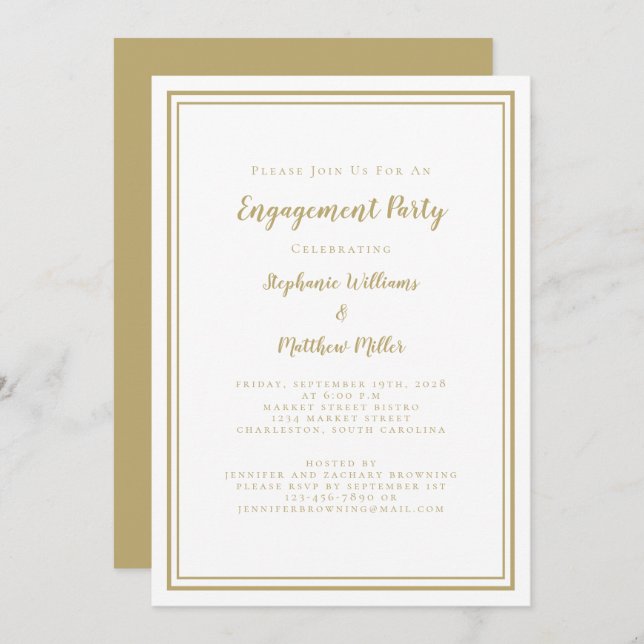 Simple Minimalist Chic Gold White Engagement Party Invitation (Front/Back)