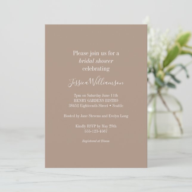 Simple Minimalist Classic Chic Brown Bridal Shower Invitation (Standing Front)