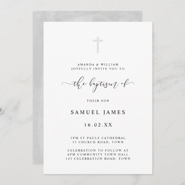 Simple Minimalist Classic Watercolor Grey Baptism Invitation (Front/Back)