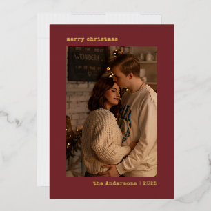Simple Minimalist Couple Photo Red Christmas Foil Holiday Card