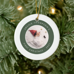 Simple Minimalist Custom Babys 1st Christmas Green Ceramic Ornament