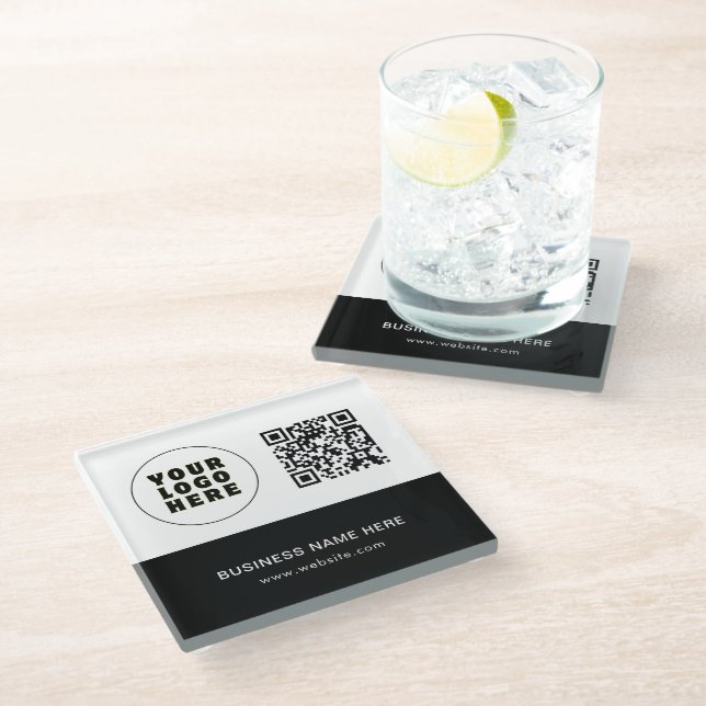 Simple Minimalist Custom Logo Text & QR Code Glass Coaster (Angled)