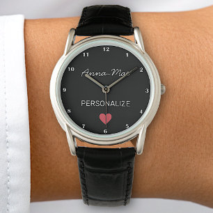 Simple Minimalist Custom Name Red Heart Black Cute Watch