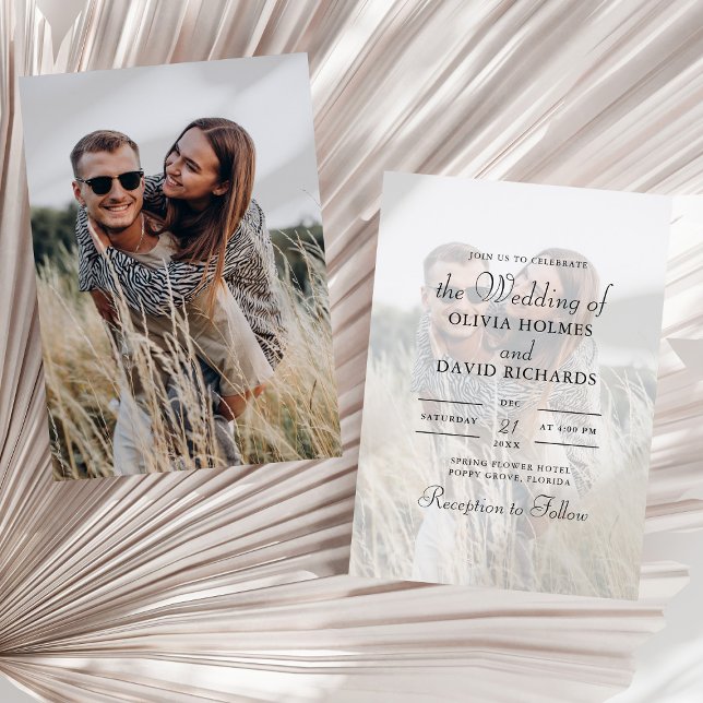 Simple Minimalist  Custom Photo Wedding Invitation (Simple Minimalist Custom Photo Wedding Invitation on a sunny neutral dry palm leaf.)