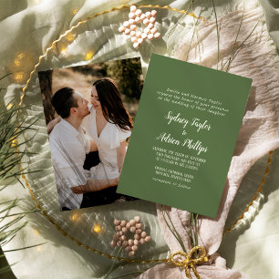 Simple Minimalist Dark Sage Photo Formal Wedding Invitation