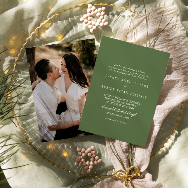 Simple Minimalist|Dark Sage Photo Wedding Invitation (Creator Uploaded)
