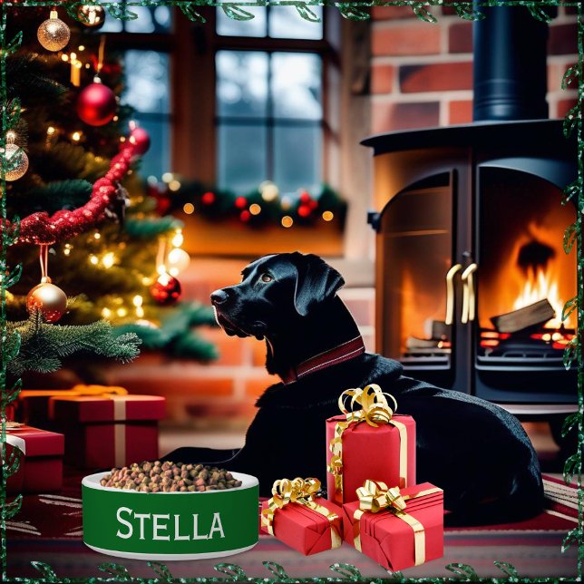 Simple Minimalist Dog Name Green Bowl (A minimalist ceramic pet bowl in green and white, to personalize with your dog's or cat's name)