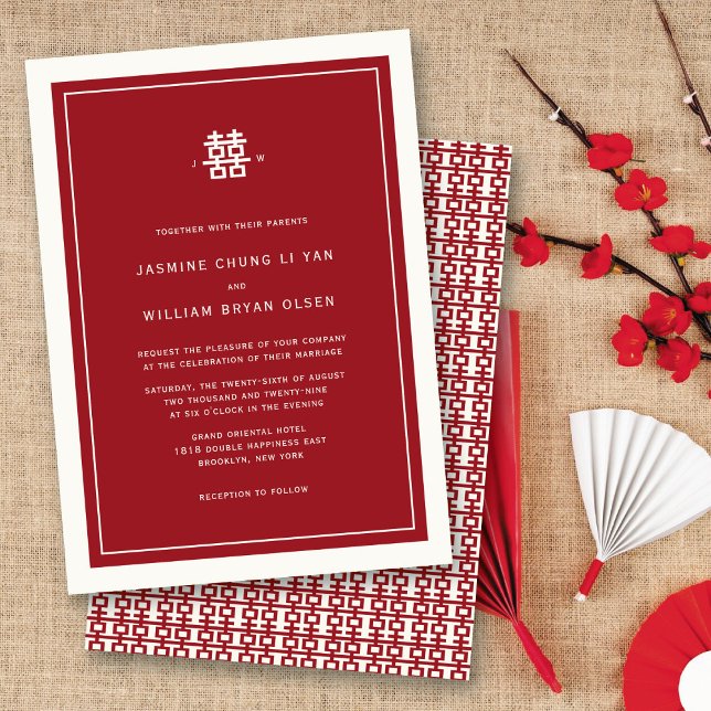 Simple Minimalist Double Happiness Chinese Wedding Invitation (Modern Minimalist Red/Ivory Double Happiness Chinese Wedding Invitation @ fatfatin_red_knot)