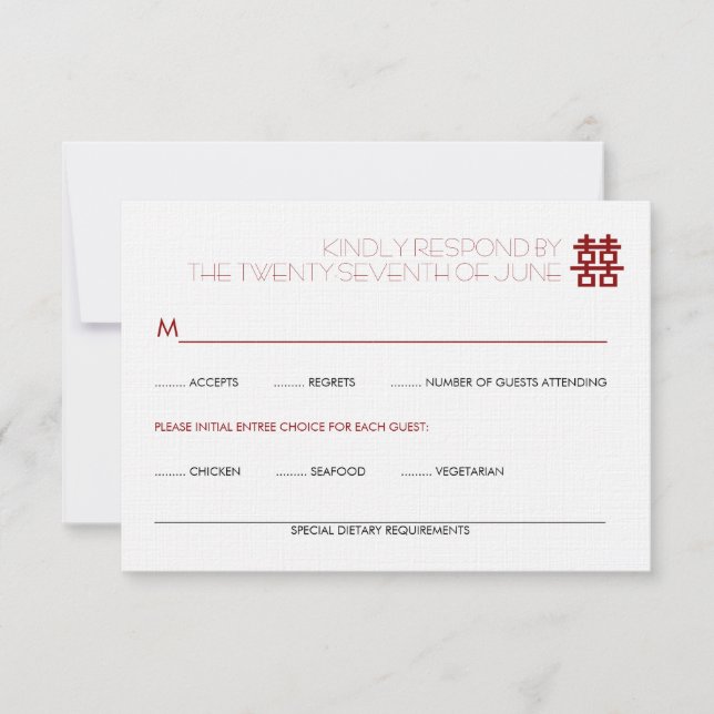 Simple Minimalist Double Happiness Chinese Wedding RSVP Card (Front)