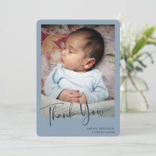 Simple Minimalist Dusty Blue Newborn Photo Thank You Card