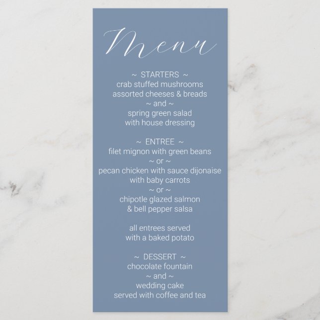 Simple Minimalist Dusty Blue Wedding Menu (Front)