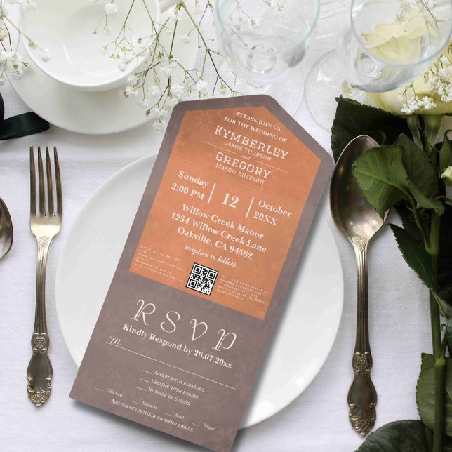 Simple Minimalist Dusty Brown Orange QR Code  All In One Invitation (Creator Uploaded)