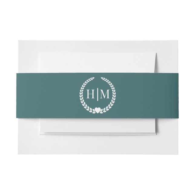 Simple Minimalist Earthy Forest Teal Monogram Invitation Belly Band (Front Example)